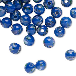 Bead, lampworked glass, opaque multicolored, 5-6mm round with flower ...