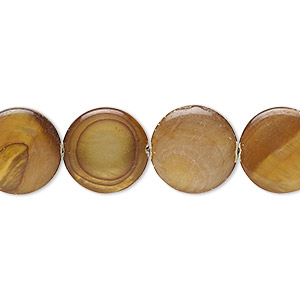 Bead, mother-of-pearl shell (dyed), gold, 12-13mm flat round with 0.6-1mm hole, Mohs hardness 3-1/2. Sold per 15-inch strand.