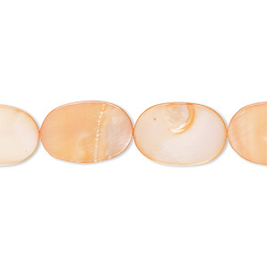 Bead, mother-of-pearl shell (dyed), bright orange, 15x10mm-16x11mm flat oval with 0.6-1mm hole, Mohs hardness 3-1/2. Sold per 15-inch strand.