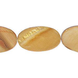 Bead, mother-of-pearl shell (dyed), gold, 24x14mm-25x15mm flat oval with 0.6-1mm hole, Mohs hardness 3-1/2. Sold per 15-inch strand.