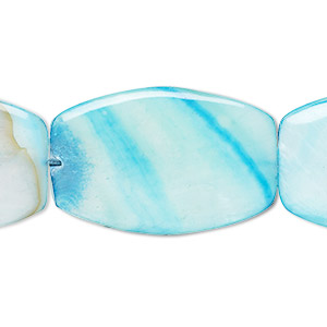 Bead, mother-of-pearl shell (dyed), light aqua blue, 30x20mm-31x21mm puffed barrel with 0.6-1mm hole, Mohs hardness 3-1/2. Sold per 15-inch strand.