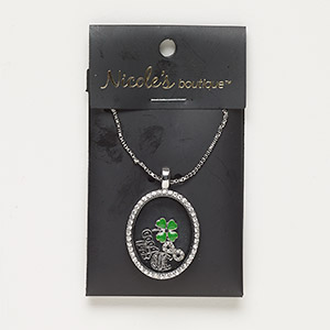 Necklace, glass / enamel / silver- / antique silver-finished &quot;pewter&quot; (zinc-based alloy) / steel, green / black / clear, 31x25mm oval with mixed designs, 24 inches with 2-inch extender chain and lobster claw clasp. Sold individually.