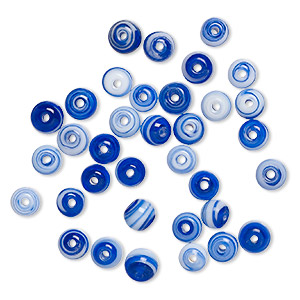 Bead, lampworked glass, opaque white and blue, 5-6mm round with swirl ...