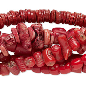 Bead mix, bamboo coral (dyed), red, 8x7mm-18x15mm mixed shapes, Mohs hardness 3-1/2 to 4. Sold per pkg of (5) 15-inch strands.