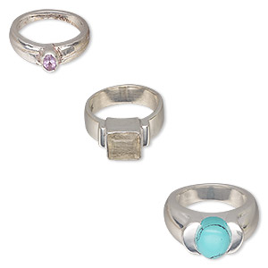 Ring mix, Create Compliments&reg;, multi-gemstone (natural / dyed / heated / irradiated) / glass / sterling silver, multicolored, 2-12mm wide, size 4 to 4-1/2. Sold per pkg of 3.