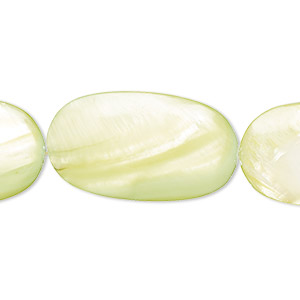 Bead, mother-of-pearl shell (dyed), light green, 28x16mm puffed oval with 0.6-1mm hole, Mohs hardness 3-1/2. Sold per 15-inch strand.
