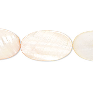 Bead, mother-of-pearl shell (dyed), light orange, 25x15mm flat oval with 0.6-1mm hole, Mohs hardness 3-1/2. Sold per 15-inch strand.