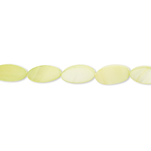 Bead, mother-of-pearl shell (dyed), spring green, 10x5mm flat oval with 0.6-0.8mm hole, Mohs hardness 3-1/2. Sold per 15-inch strand.