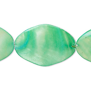 Bead, mother-of-pearl shell (dyed), spring green, 30x20mm flat freeform with 0.6-0.8mm hole, Mohs hardness 3-1/2. Sold per 15-inch strand.