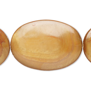 Bead, mother-of-pearl shell (dyed), golden brown, 35x25mm flat oval with 0.8-1mm hole, Mohs hardness 3-1/2. Sold per 15-inch strand.