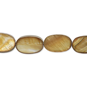 Bead, mother-of-pearl shell (dyed), golden brown, 15x9mm-15x10mm flat oval with 0.6-0.8mm hole, Mohs hardness 3-1/2. Sold per 15-inch strand.