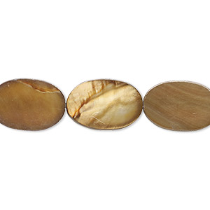 Bead, mother-of-pearl shell (dyed), golden brown, 16x11mm-17x10mm flat oval with 0.6-0.8mm hole, Mohs hardness 3-1/2. Sold per 15-inch strand.