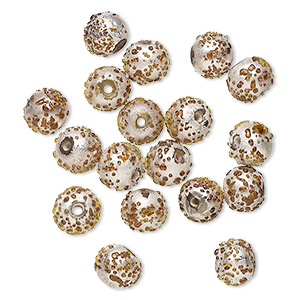 Bead, lampworked glass, opaque clear / brown / yellow, 9-10mm textured round with silver-colored foil and 1.5-2mm hole. Sold per pkg of 20.