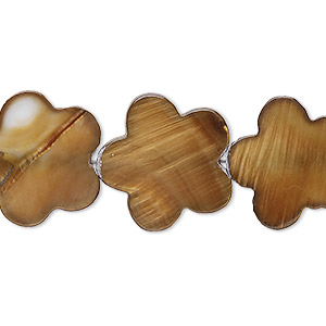 Bead, mother-of-pearl shell (dyed), brown and white, 18x16mm-19x18mm flat flower with 0.8-1mm hole, Mohs hardness 3-1/2. Sold per 15-inch strand.