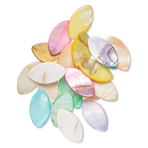 Bead mix, mother-of-pearl shell (bleached / dyed), multicolored, 37x20mm top- and center-drilled flat marquise with 0.6-0.8mm hole, Mohs hardness 3-1/2. Sold per pkg of 20.