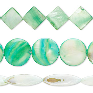 Bead mix, mother-of-pearl shell (dyed), spring green, 16x10mm-34x26mm mixed shapes with 0.6-0.8mm hole, Mohs hardness 3-1/2. Sold per pkg of (3) 15-inch strands.