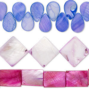 Bead mix, mother-of-pearl shell (dyed), multicolored, 15x11mm-26x18mm top- and center-drilled mixed shapes with 0.6-0.8mm hole, Mohs hardness 3-1/2. Sold per pkg of (3) 15-inch strands.