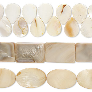 Bead mix, mother-of-pearl shell (dyed), light tan and pale yellow, 18x14mm-37x25mm top- and center-drilled with 0.6-0.8mm hole, Mohs hardness 3-1/2. Sold per pkg of (3) 15-inch strands.