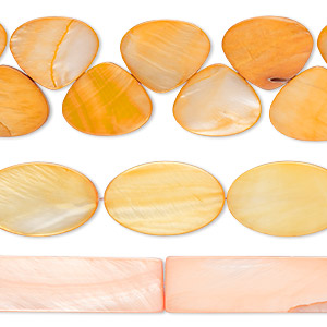 Bead mix, mother-of-pearl shell (dyed), orange, 20x12mm-32x25mm top- and center-drilled mixed shapes with 0.6-0.8mm hole, Mohs hardness 3-1/2. Sold per pkg of (3) 15-inch strands.