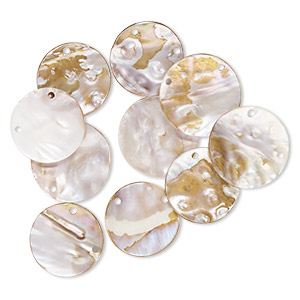 Focal, mother-of-pearl shell (natural / bleached / coated), 48-53mm round with 2 holes, Mohs hardness 3-1/2. Sold per pkg of 10.