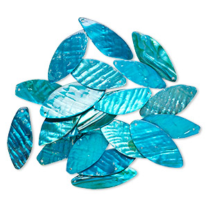 Focal, mother-of-pearl shell (dyed), teal green, 47x19mm-54x25mm leaf, Mohs hardness 3-1/2. Sold per pkg of 20.