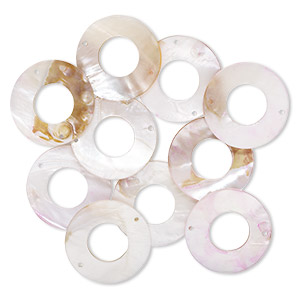 Focal, mother-of-pearl shell (bleached / dyed), pink and brown, 44-46mm donut with 2 holes, Mohs hardness 3-1/2. Sold per pkg of 10.