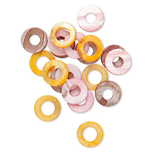 Bead mix, mother-of-pearl shell (dyed), pink / orange / brown, 15mm donut, Mohs hardness 3-1/2. Sold per pkg of 20.