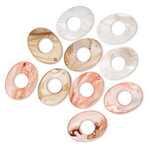 Focal mix, mother-of-pearl shell (dyed), red / white / brown, 50x38mm oval with cutout round, Mohs hardness 3-1/2. Sold per pkg of 10.