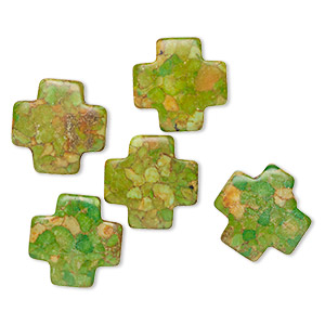 Bead, mosaic &quot;turquoise&quot; (magnesite) (dyed / assembled), turquoise green, 21x12mm Swiss cross, C- grade, Mohs hardness 3-1/2 to 4. Sold per pkg of 5.