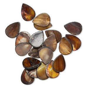 Bead, mother-of-pearl shell (dyed), brown, 17x13mm-19x14mm top-drilled flat teardrop with 0.6mm hole, Mohs hardness 3-1/2. Sold per pkg of 20.