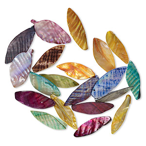 Focal mix, mother-of-pearl shell (dyed), mixed colors, 38x11mm-57x22mm leaf, Mohs hardness 3-1/2. Sold per pkg of 20.