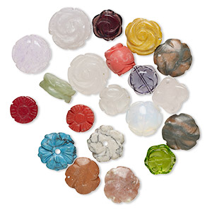 Drop mix, multi-gemstone (natural / dyed / heated / stabilized), 14-21mm top- and center-drilled carved flower, C+ grade, Mohs hardness 3 to 7. Sold per pkg of 20.