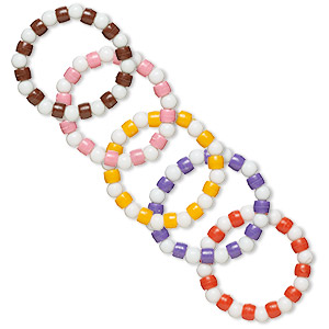 Bracelet mix, stretch, glass and acrylic, multicolored, 8mm round and pony, 6 inches. Sold per pkg of 5.