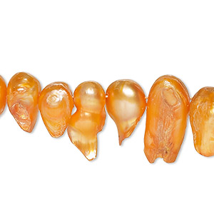 Pearl, cultured freshwater (dyed), tangerine, 7x6mm-19x9mm baroque with 0.4mm hole, Mohs hardness 2-1/2 to 4. Sold per 15-inch strand.