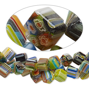 Bead mix, millefiori glass, opaque to transparent multicolored, 8mm diagonally-drilled cube with 0.6-0.8mm hole. Sold per pkg of (3) 15-inch strands.