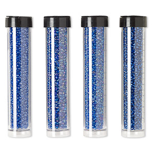 Seed bead mix, Ming Tree&#153;, glass, assorted opaque and transparent cobalt, #11 round. Sold per pkg of (4) 4 x 3/4 inch vials, approximately 9,300 beads.