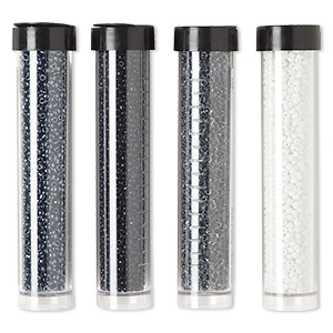 Seed bead mix, Ming Tree&#153;, glass, assorted opaque and transparent white and black, #11 round. Sold per pkg of (4) 4 x 3/4 inch vials, approximately 8,600 beads.
