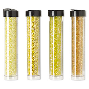 Seed bead mix, Ming Tree&#153;, glass, assorted opaque and transparent amber yellow / yellow / cream yellow, #11 round. Sold per pkg of (4) 4 x 3/4 inch vials, approximately 10,500 beads.