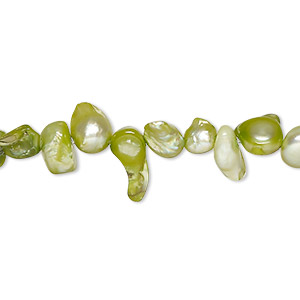 Pearl, cultured freshwater (dyed), yellow-green, 5x4mm-16x8mm baroque with 0.4mm hole, D grade, Mohs hardness 2-1/2 to 4. Sold per 15-inch strand.