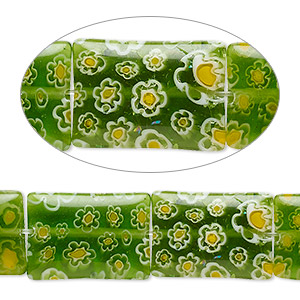 Bead, millefiori glass, translucent green / white / yellow, 18x13mm puffed rectangle with 0.6-0.8mm hole. Sold per 15-inch strand.