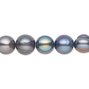 Pearl, cultured freshwater (dyed), silver peacock, 8-10mm semi-round with 0.4mm hole, C grade, Mohs hardness 2-1/2 to 4. Sold per 15-inch strand.