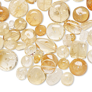 Bead mix, brandy citrine and citrine (dyed / heated), light to medium, 3x2mm-11x6mm hand-cut top- and center-drilled mixed shapes with 0.4-1.4mm hole, C grade, Mohs hardness 7. Sold per 1-ounce pkg, approximately 65-80 beads.