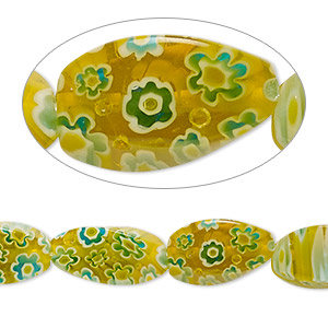 Bead, millefiori glass, translucent olive green / white / blue, 16x8mm 4-sided twisted oval with 0.6-0.8mm hole. Sold per 15-inch strand.