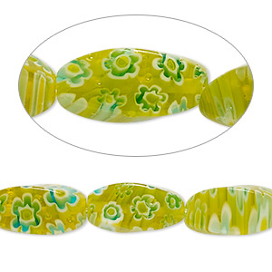 Bead, millefiori glass, translucent yellow / blue / white, 16x8mm 4-sided twisted oval with 0.6-0.8mm hole. Sold per 15-inch strand.