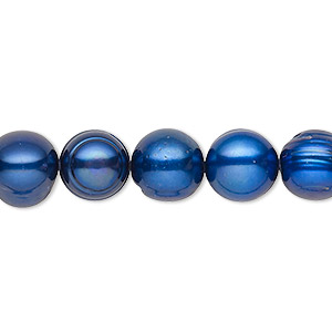 Pearl, cultured freshwater (dyed), blue, 8-10mm semi-round with 0.4mm hole, C grade, Mohs hardness 2-1/2 to 4. Sold per 15-inch strand.