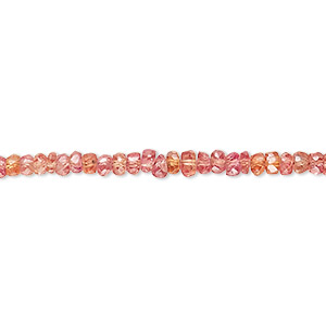 Bead, orange sapphire (heated), 2x1mm-4x2mm graduated hand-cut faceted rondelle, B grade, Mohs hardness 9. Sold per 8-inch strand.