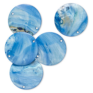 Focal, mother-of-pearl shell (dyed), blue, 50mm round with 2 holes, Mohs hardness 3-1/2. Sold per pkg of 5.