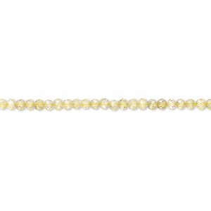 Bead, yellow-green sapphire (heated), 2mm hand-cut faceted round with 0.4-1.4mm hole, B- grade, Mohs hardness 9. Sold per 12-inch strand.