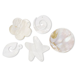 Focal / drop / bead mix, mother-of-pearl shell and blister pearl shell (bleached), 42x12mm-65x57mm mixed shapes, Mohs hardness 3-1/2. Sold per pkg of 5.
