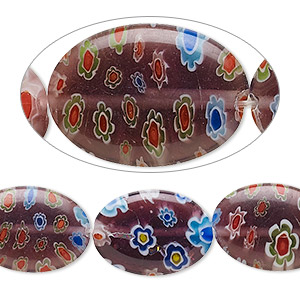 Bead, millefiori glass, translucent multicolored, 18x13mm puffed oval with 0.6-0.8mm hole. Sold per 15-inch strand.